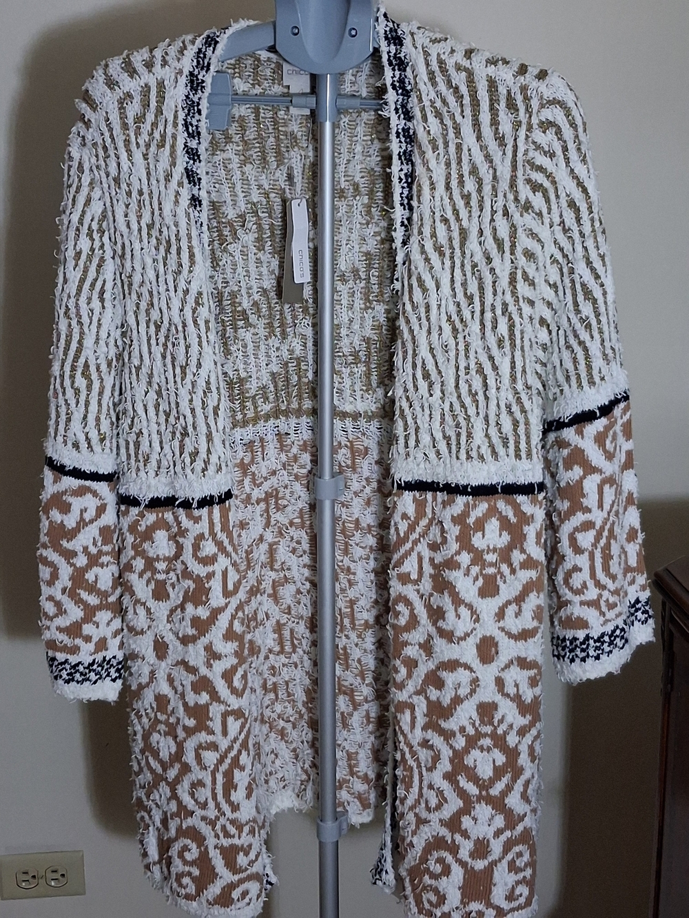 Chico's Ivory, Tan and Black Open-Front Patterned Cardigan